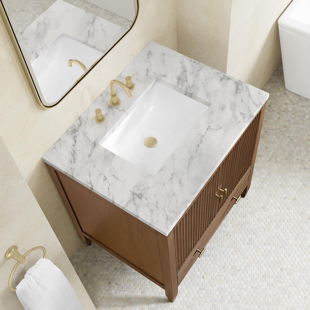 James Martin Myrrin 30" Single Bathroom Vanity in Mid-Century Walnut with 3 cm Carrara Marble Top and Rectangular Sink, , large