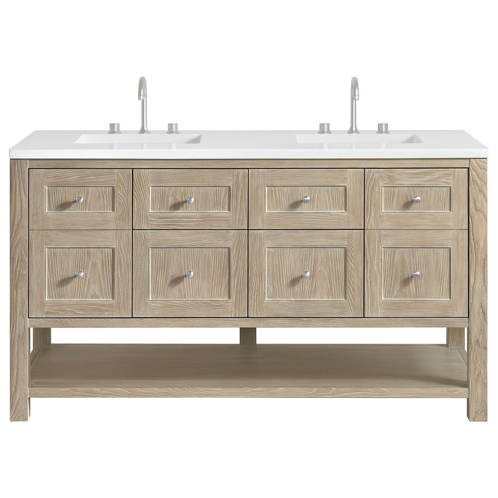 James Martin Vanities Breckenridge 60" Double Bathroom Vanity in Whitewashed Oak with 3 cm White Zeus Quartz Top and Rectangular Sinks, , large