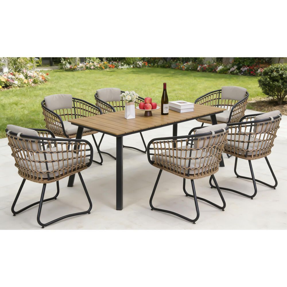 Hearth and Haven 7-Piece Outdoor Rectangular Dining Set with Beige Cushion in Black, , large