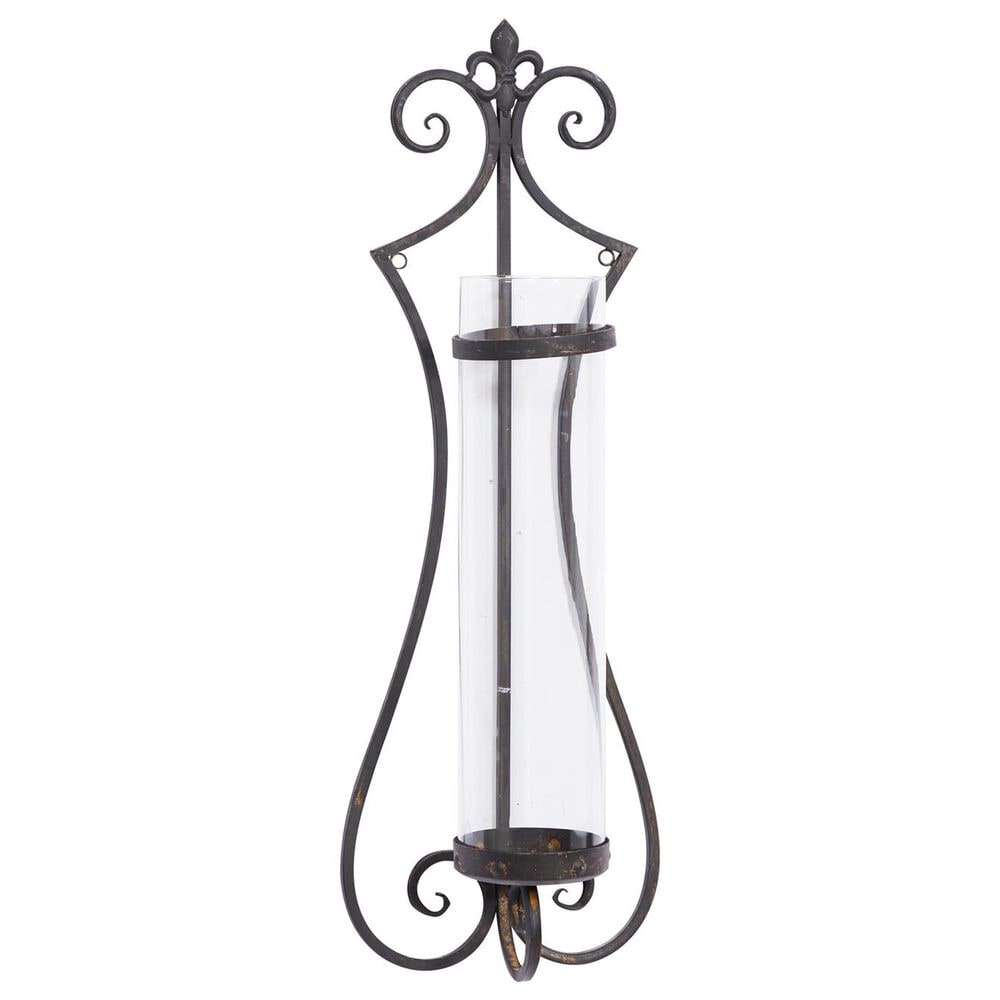 Maple and Jade 31" Single Fleur De Lis Indoor/Outdoor Wall Mount Candle Holder in Weathered Black, Copper and Clear, , large