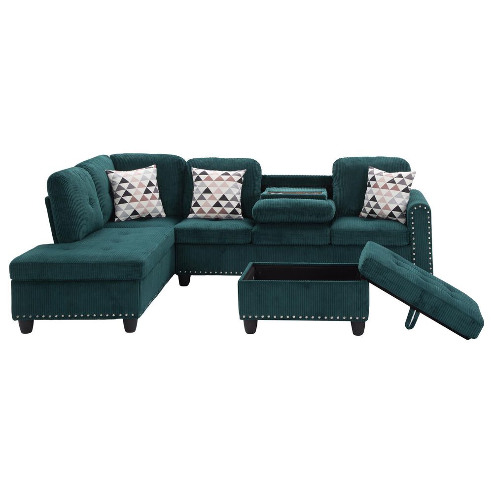 HOMLUX 94.49" L-Shaped Modular Sectional Sofa with Storage Ottoman and Cup Holders in Green, , large