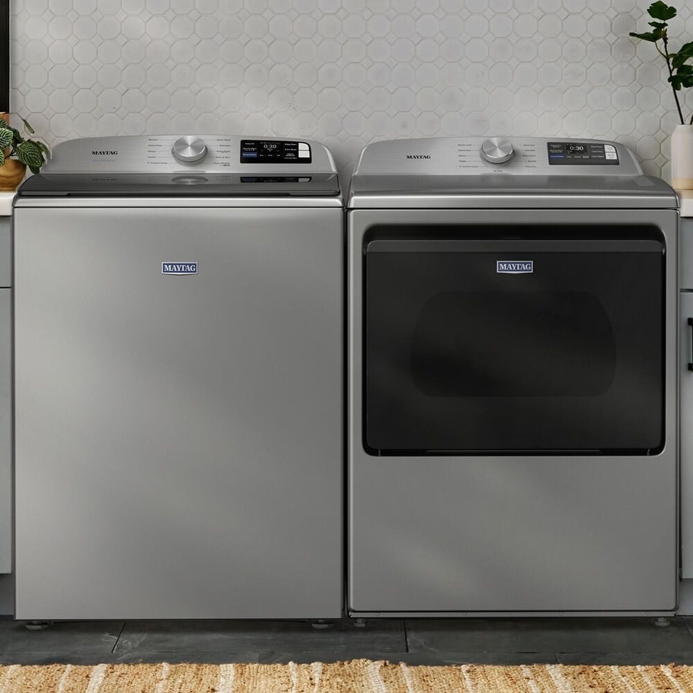Maytag 5.2 Cu. Ft. Smart Top Load Washer and 7.4 Cu. Ft. Smart Gas Top Load Dryer Laundry Pair in Classic Silver, , large