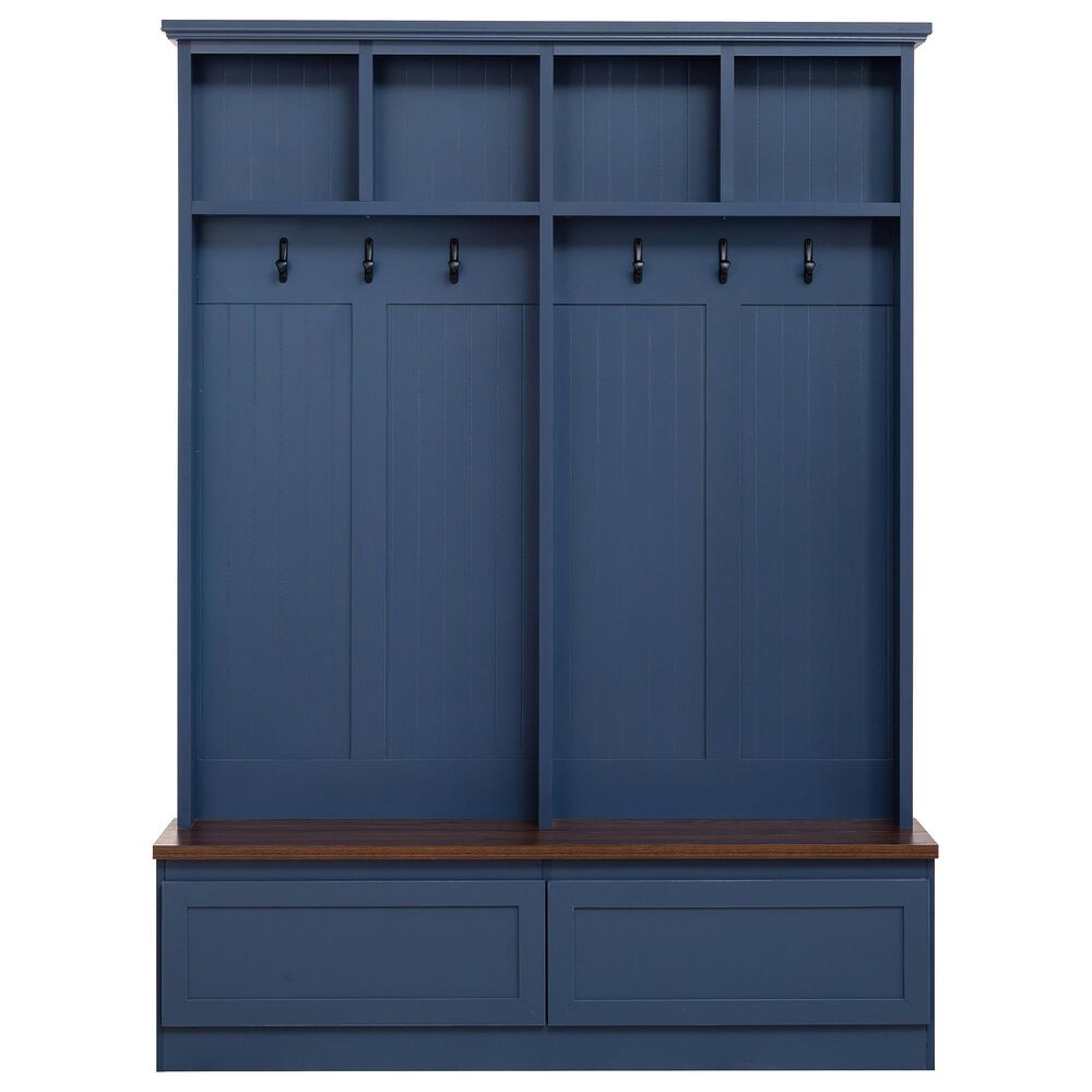 HOMLUX 6-Hook Hall Tree with Wood Grain Bench in Blue, , large