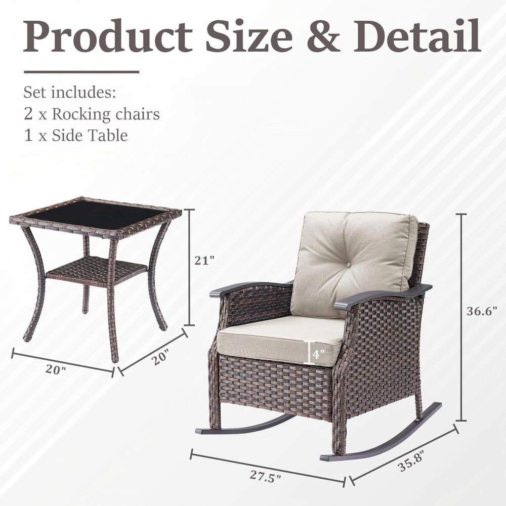 Sunwell Garden 3-Piece Patio Chat Set with Two Rocking Chair in Beige, , large