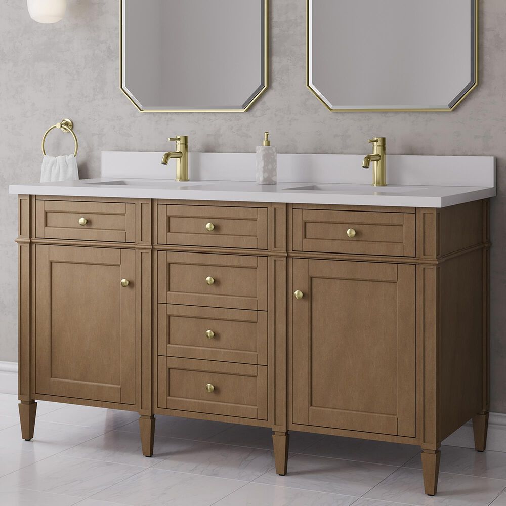 James Martin Brittany 60" Double Bathroom Vanity in Pecan with Single Hole 3 cm White Zeus Silestone Top and Rectangular Sinks, , large