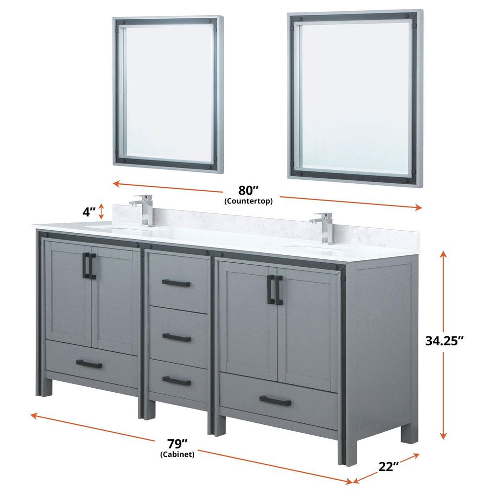 Lexora Home Ziva 80&quot; Double Bathroom Vanity in Dark Grey with 2 cm White Quartz Top and Rectangular Sinks, , large