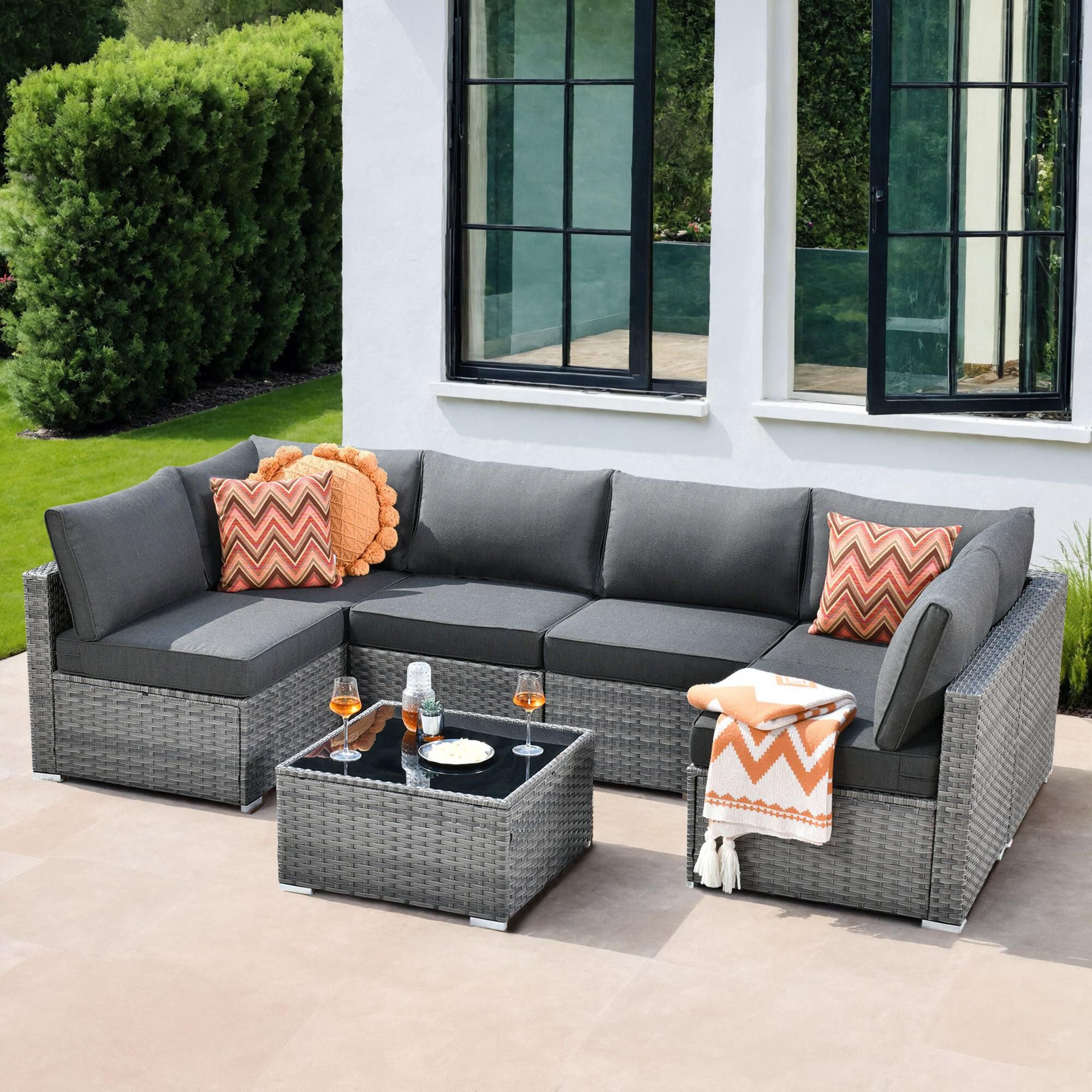 HOMLUX 7-Piece Patio Conversation Set with Grey Wicker in Black