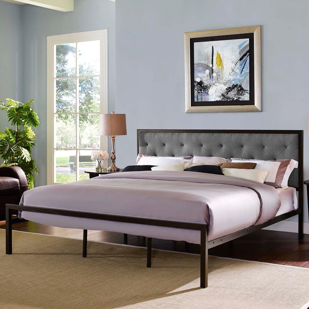 Modway Mia Gray Fabric Upholstered King Platform Bed in Brown, , large