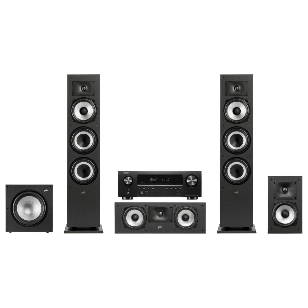 Polk 12" Subwoofer + 6.5 Floorstanding Tower Speaker + 5.25 Center Channel Speaker + Denon 5.2 Channel AV 8K Receiver with HEOS Built-in in Black, , large