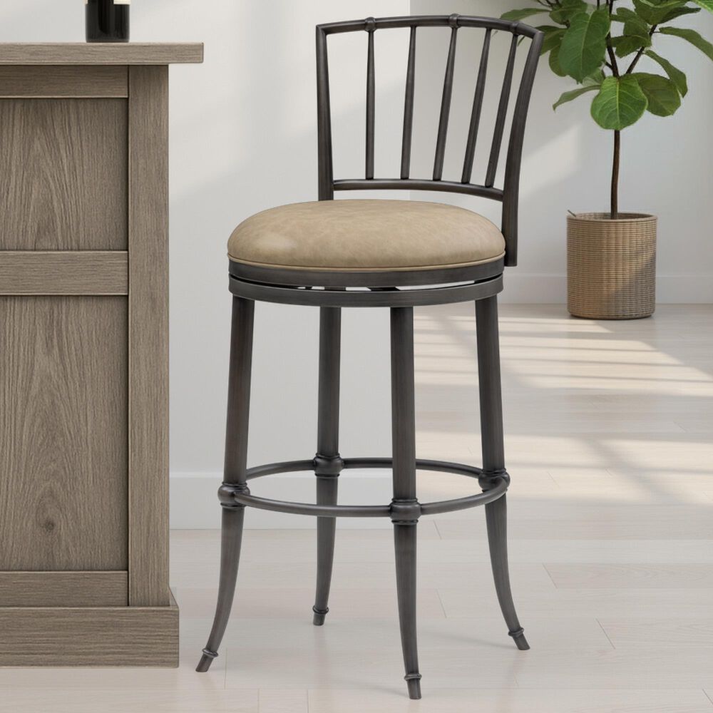 Armen Living Vince Bar Height Stool with Mushroom Brown Upholstery in Antique Pewter, , large