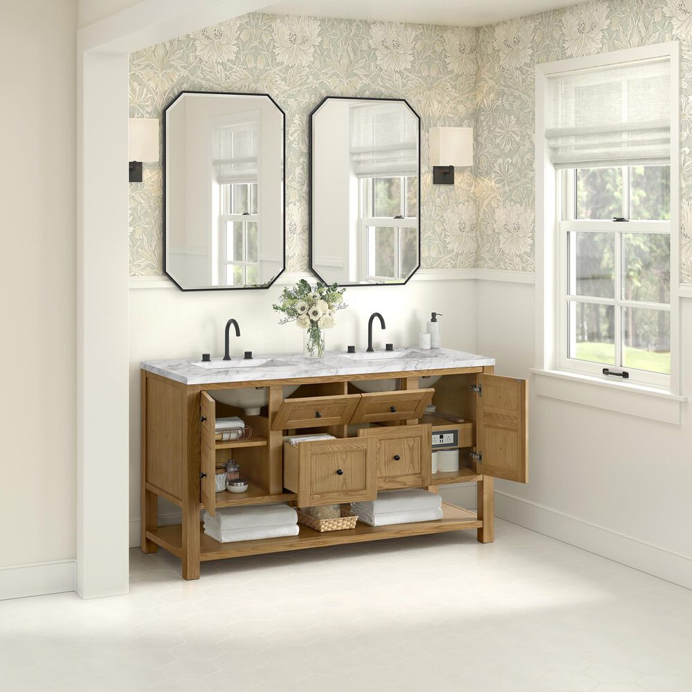 James Martin Vanities Breckenridge 60&quot; Double Bathroom Vanity in Light Natural Oak with 3 cm Carrara White Marble Top and Rectangular Sinks, , large