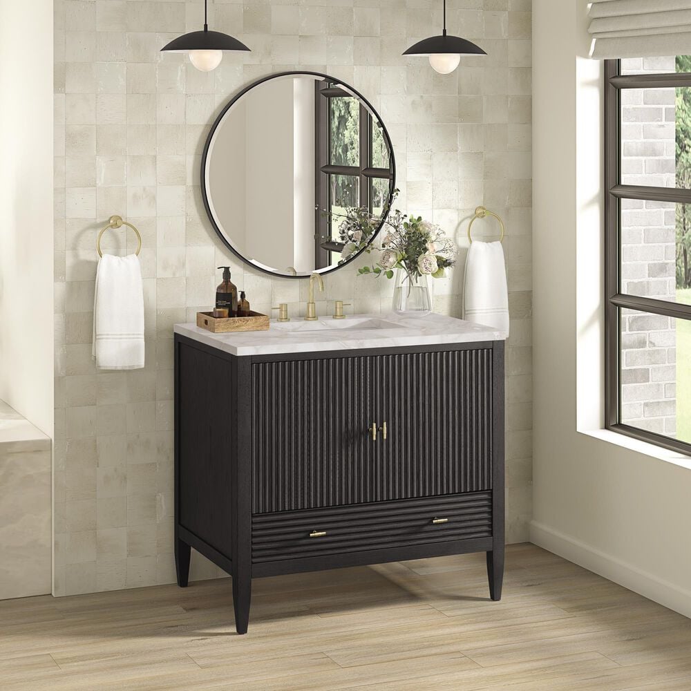 James Martin Vanities Myrrin 36&quot; Vanity in Carbon Oak with 3 cm Victorian Silver Quartz Top, , large