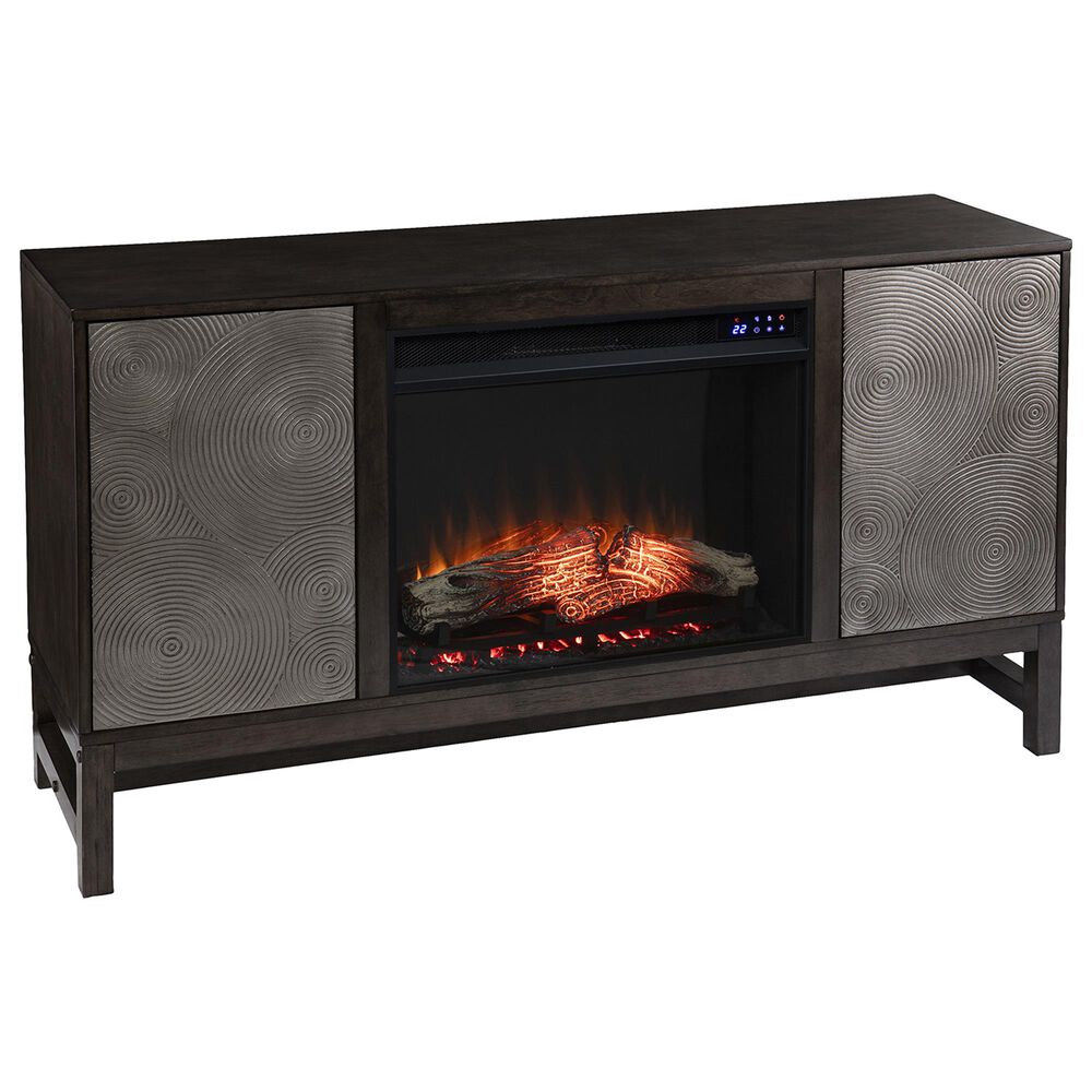 Southern Enterprises Lannington Wide Electric Fireplace with Media Storage in Brown/Antique Silver, , large