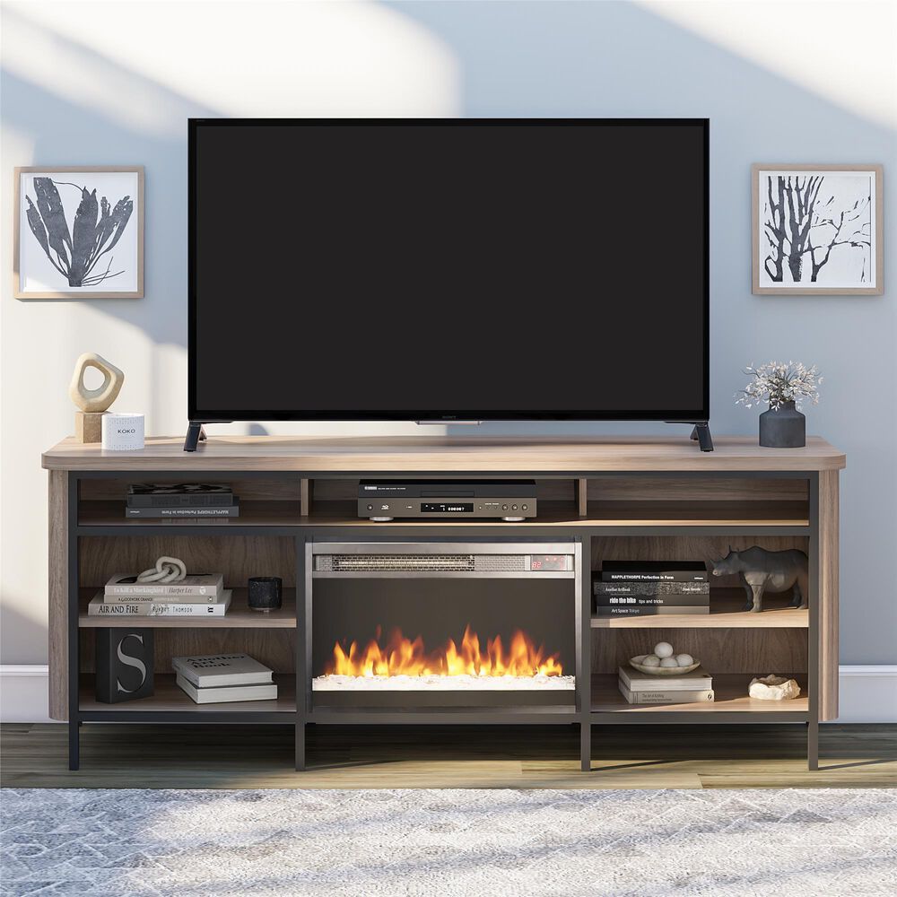 DHP Damson 67&quot; TV Stand with Electric Fireplace in Danish Walnut and Black, , large