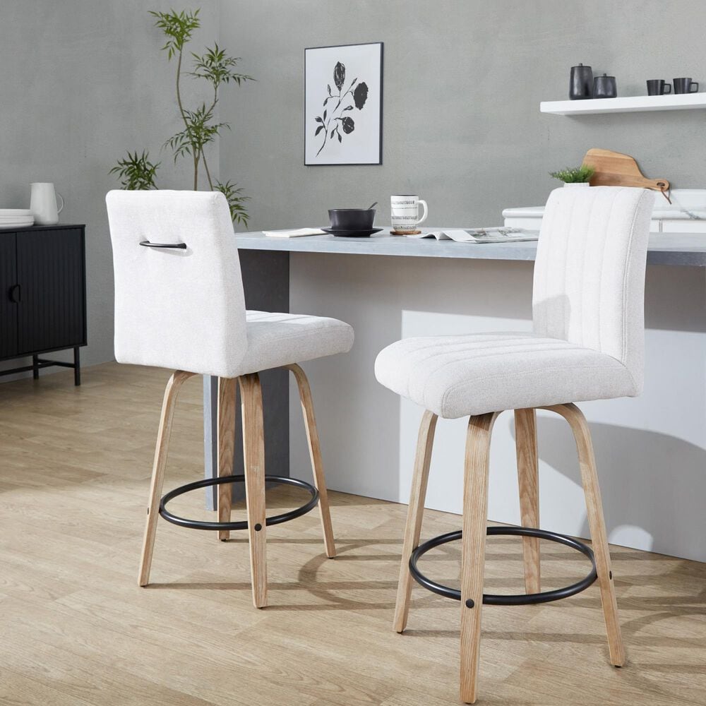LumiSource Hank Swivel Counter Stool with Light Grey Fabric Upholstery in Whitewashed and Black (Set of 2), , large