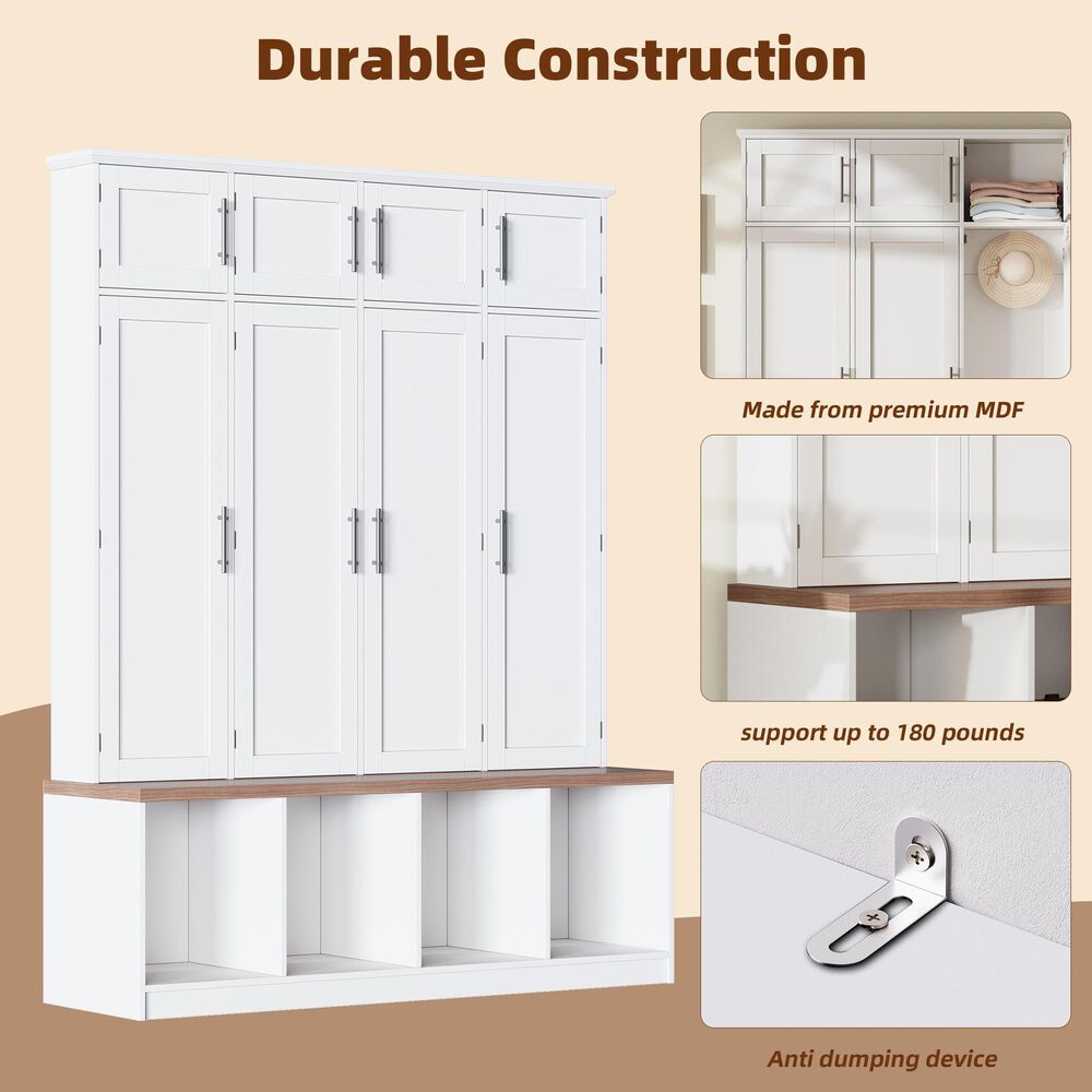 HOMLUX 4-Hook Hall Tree with 8-Door in White and Walnut, , large