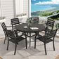 Hearth and Haven 7-Piece Outdoor Metal Dining Set with Stackable Chairs and Round Slatted Table in Black, , large