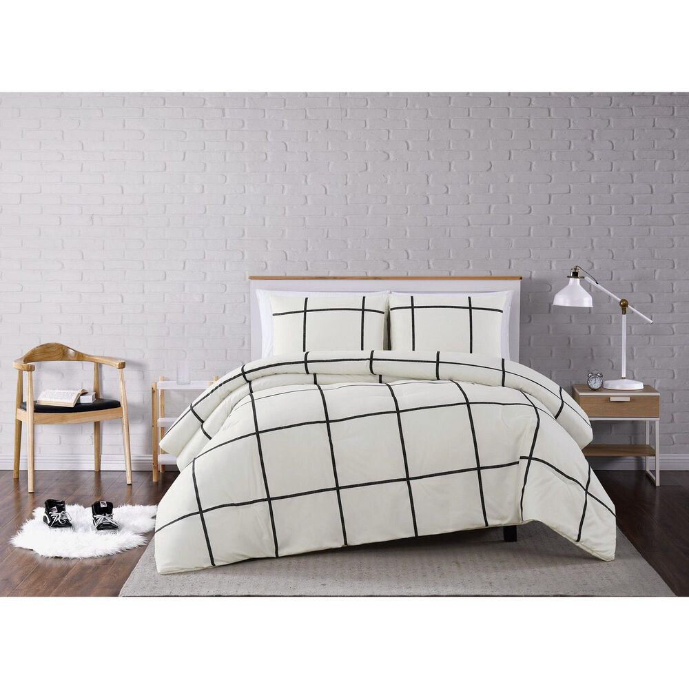Pem America Truly Soft Windowpane 3-Piece Full/Queen Comforter Set in Ivory/Black, , large