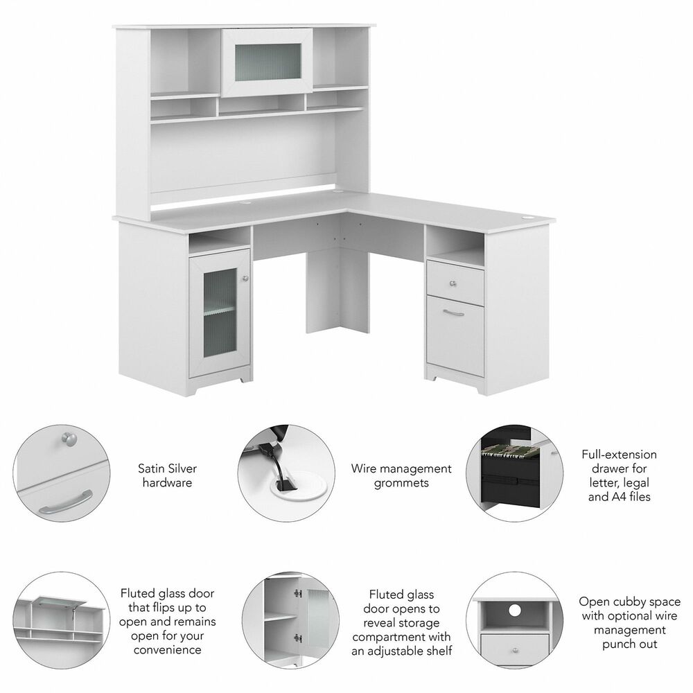 White & Silver L-Shaped Corner Desk with Hutch