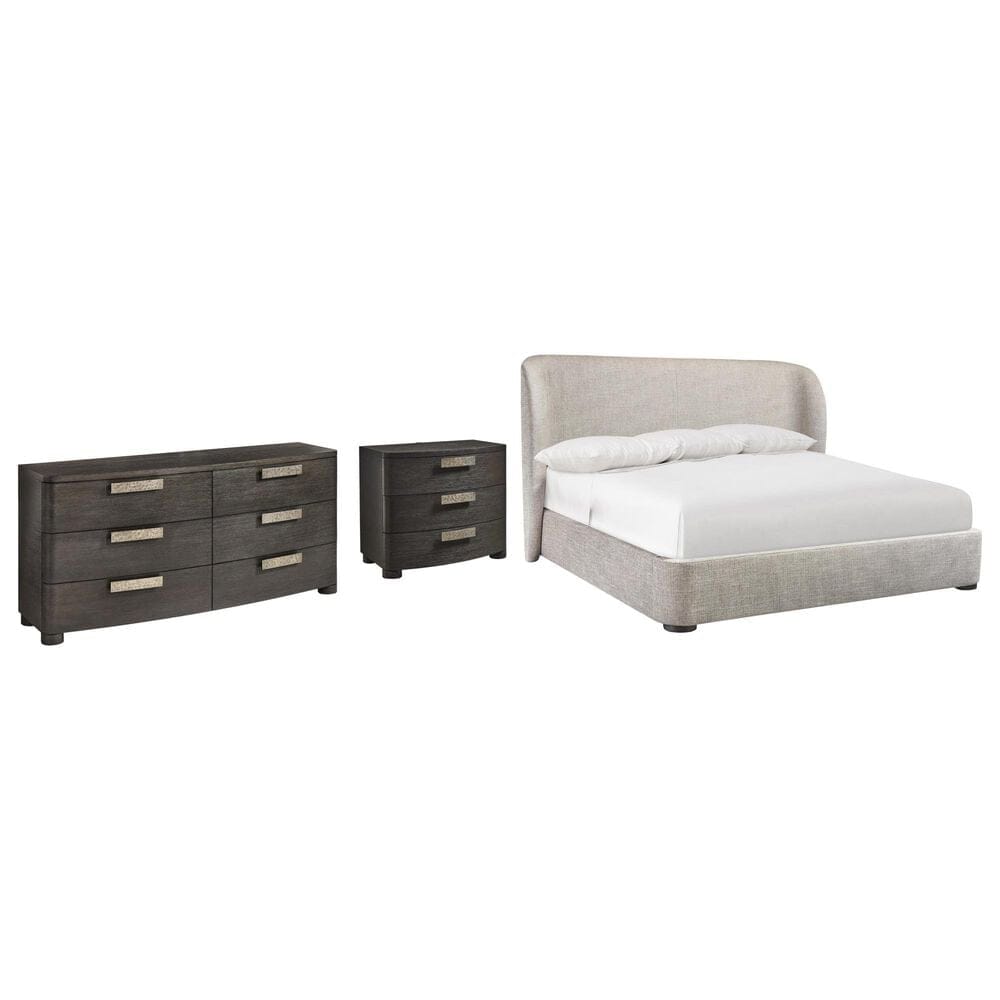 Bernhardt Geneve Queen Upholstered Wingback Bed with Dresser and Nightstand in Robor, , large