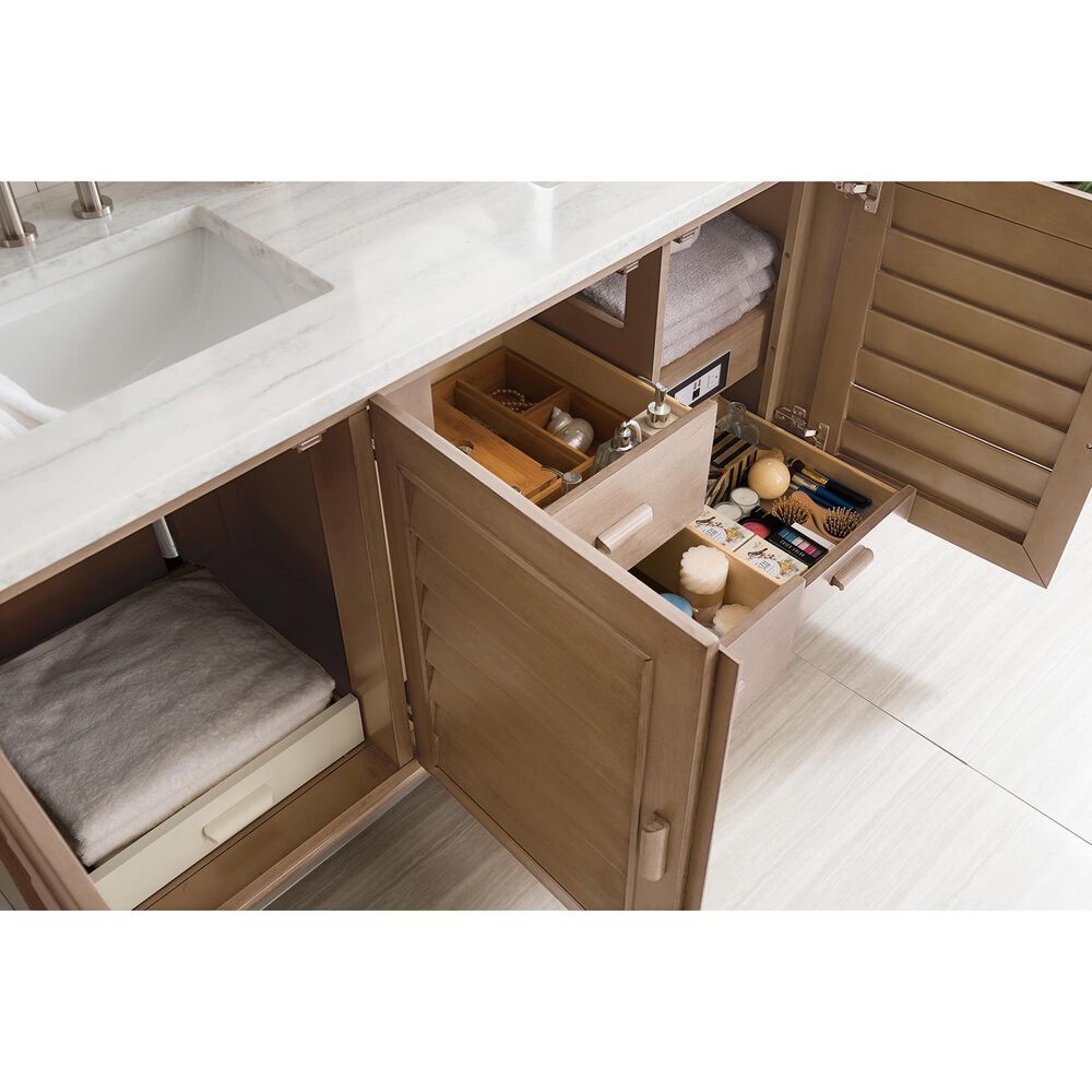 James Martin Vanities Portland 60&quot; Double Bathroom Vanity in Whitewashed Walnut with 3 cm Arctic Fall Solid Surface Top and Rectangular Sinks, , large