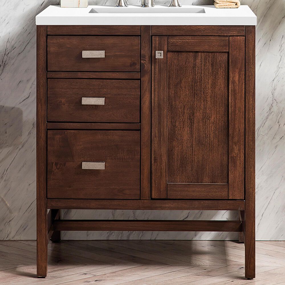 James Martin Vanities Addison 30" Single Vanity Cabinet in Mid Century Acacia with 3 cm White Zeus Quartz Top and Rectangular Sink, , large