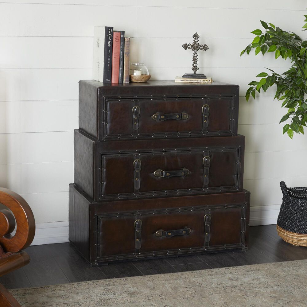 Maple and Jade 3-Drawer Vintage Faux Leather Room Chest with Buckles and Straps Details in Brown, , large
