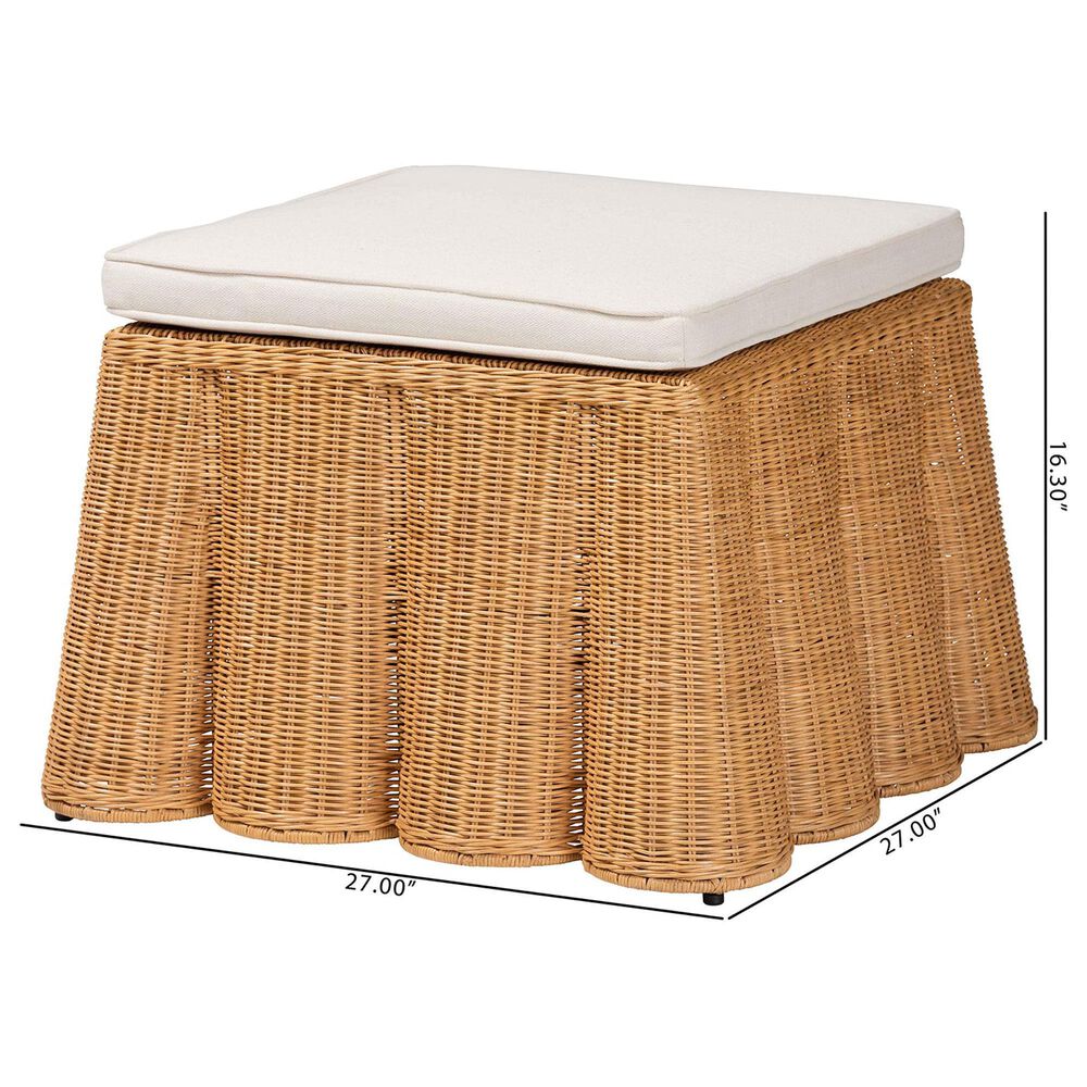 Baxton Studio Palm 27" Square Ottoman with Light Honey Rattan in White, , large