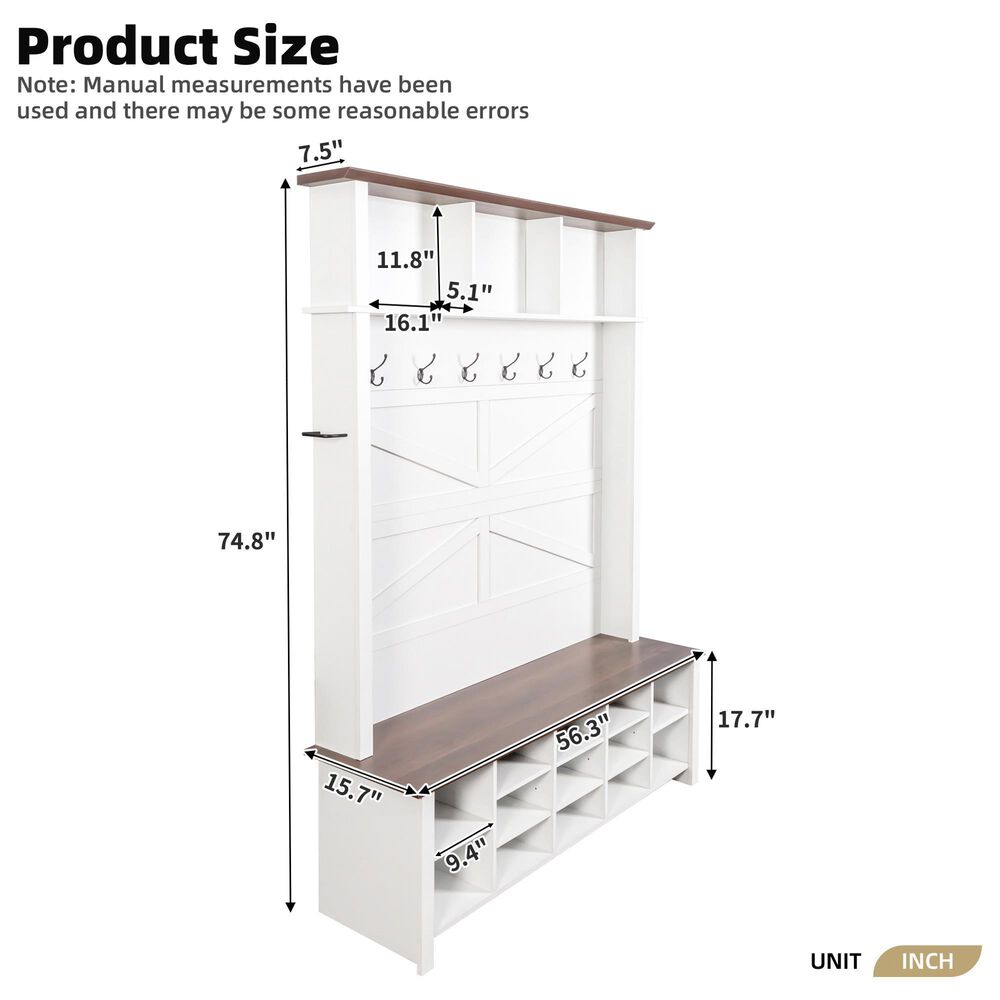 HOMLUX 6-Hook Hall Tree with 16-Compartment in White and Walnut, , large