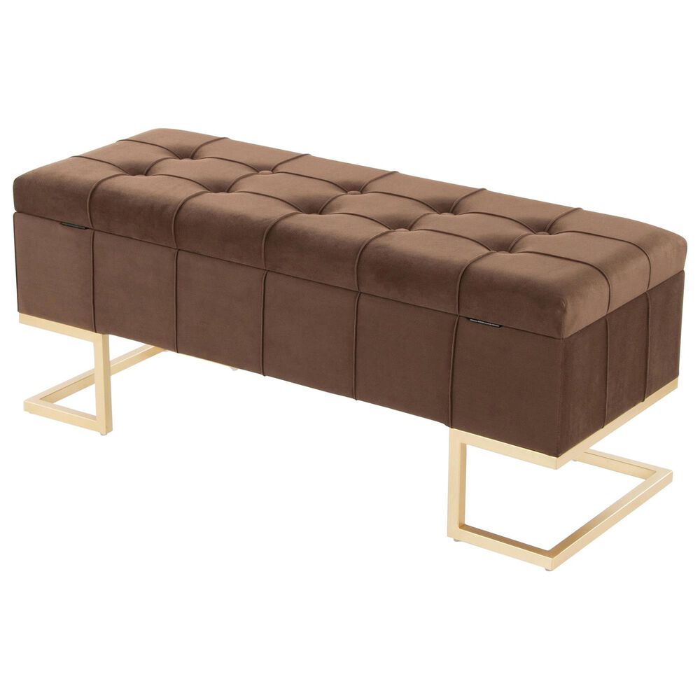LumiSource Midas Storage Bench with Brown Velvet Cushion in Gold, , large