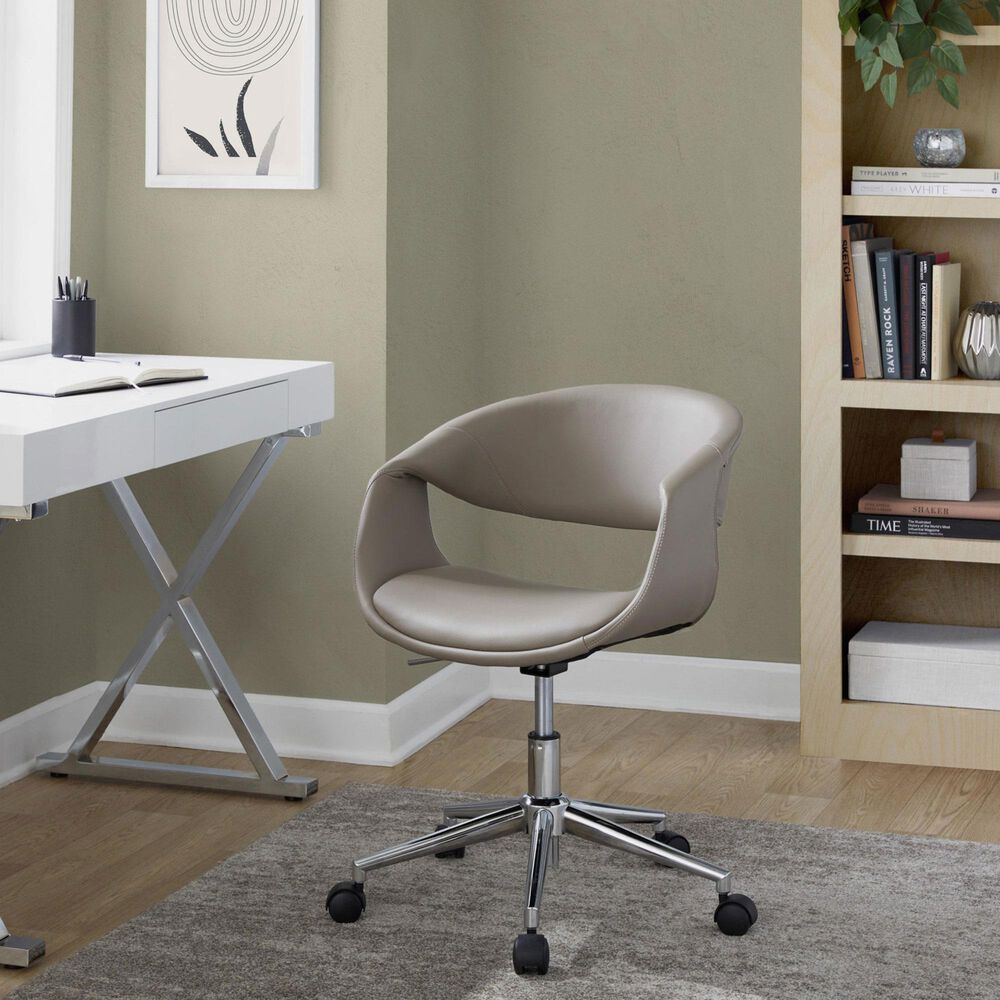 LumiSource Curvo Swivel Task Chair with Light Grey Faux Leather Cushion in Chrome, , large