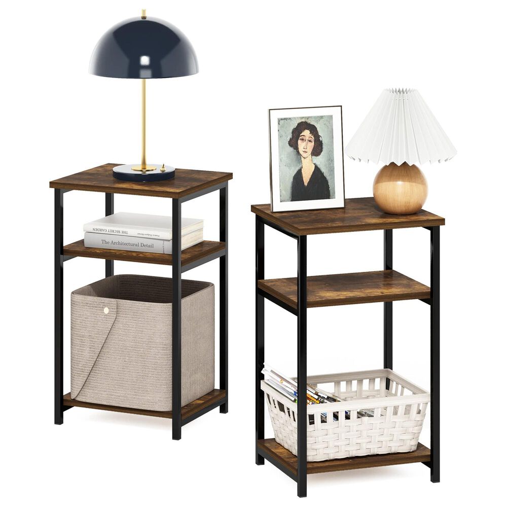 HOMLUX 3-Tier Metal Frame End Table with Storage Shelves in Amber Pine and Black (Set of 2), , large