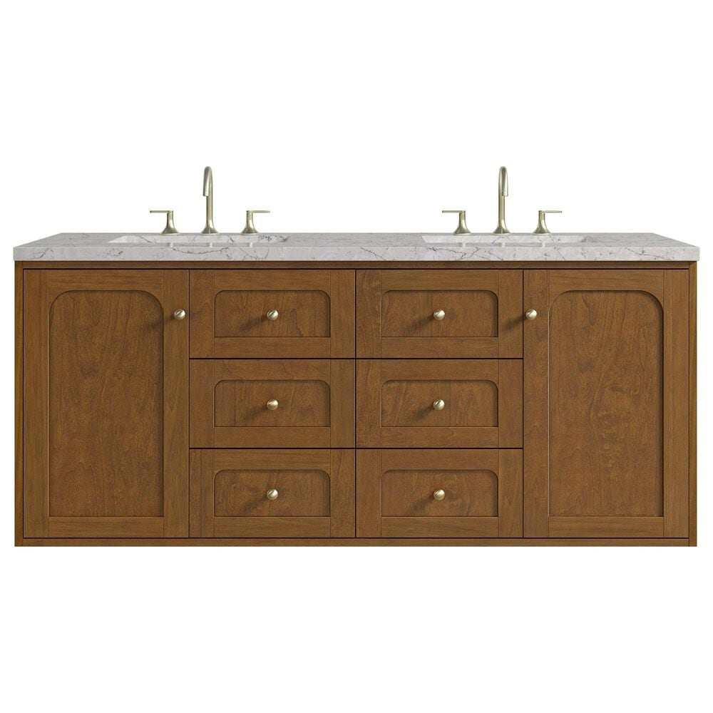 James Martin Laurent 60" Double Bathroom Vanity in Honey Oak with 3 cm Eternal Jasmine Pearl Silestone Top and Rectangular Sinks, , large