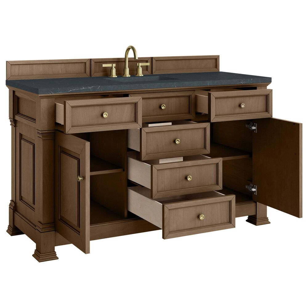 James Martin Vanities Brookfield 60&quot; Single Bathroom Vanity in Pecan with 3 cm Charcoal Soapstone Quartz Top and Rectangular Sink, , large