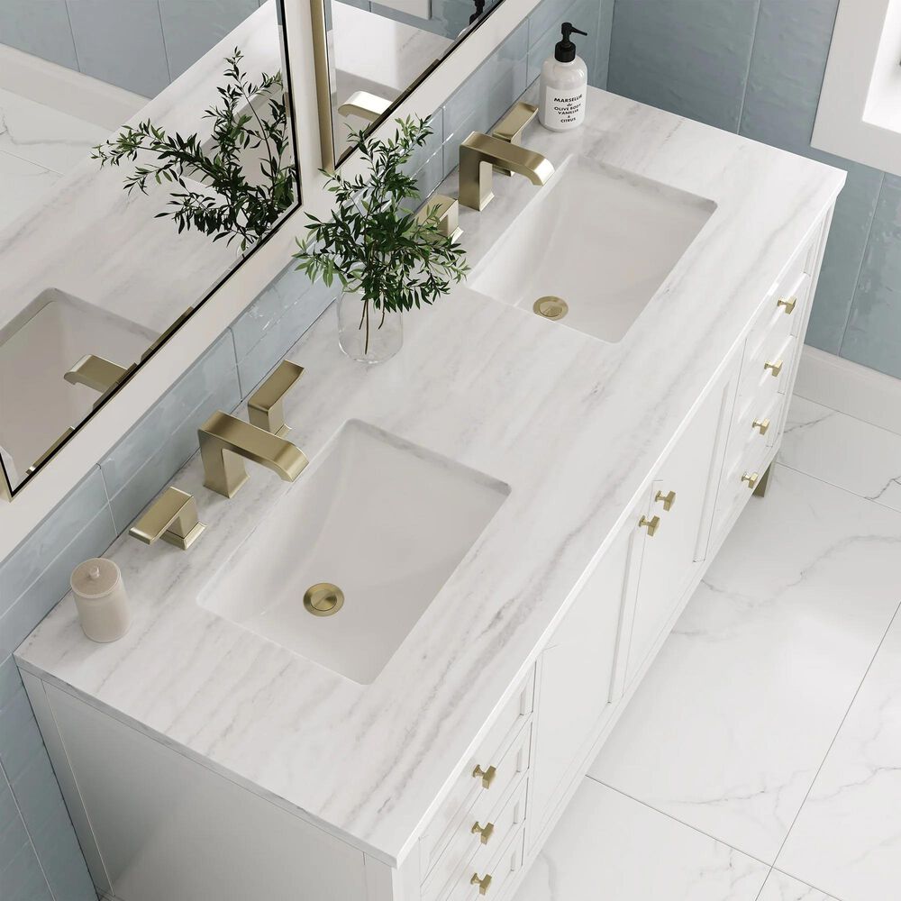 James Martin Vanities Chicago 60&quot; Double Bathroom Vanity in Glossy White with 3 cm Arctic Fall Solid Surface Top and Rectangular Sinks, , large