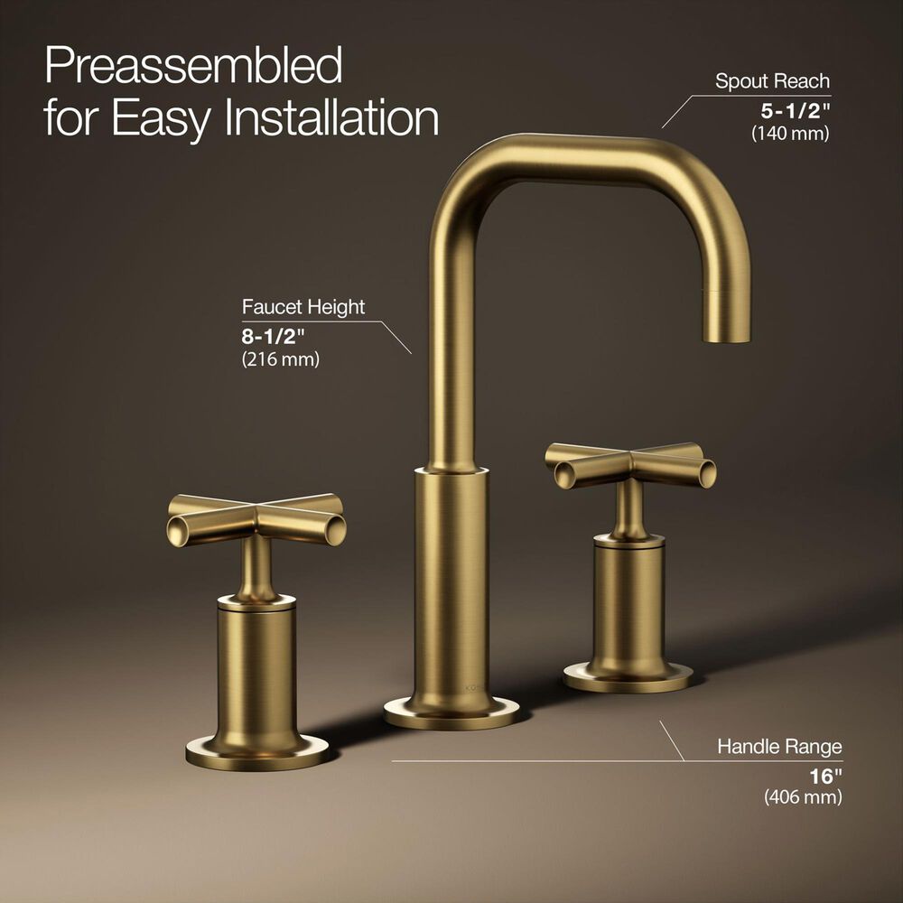 Kohler Purist Widespread Bathroom Sink Faucet with Cross Handles and High Gooseneck Spout in Vibrant Brushed Moderne Brass, , large