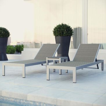 Modway Shore 3-Piece Outdoor Patio Aluminum Chaise Set in Silver and Gray Wicker, , large