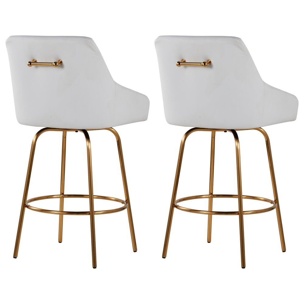 LumiSource Hannah Swivel Counter Stool with White Faux Leather Upholstery in Gold (Set of 2), , large