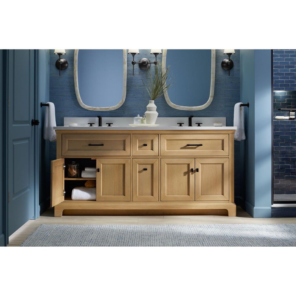 Kohler Charlemont 72&quot; Double Bathroom Vanity in Light Oak with 3 cm White Quartz Top and Rectangular Sinks, , large
