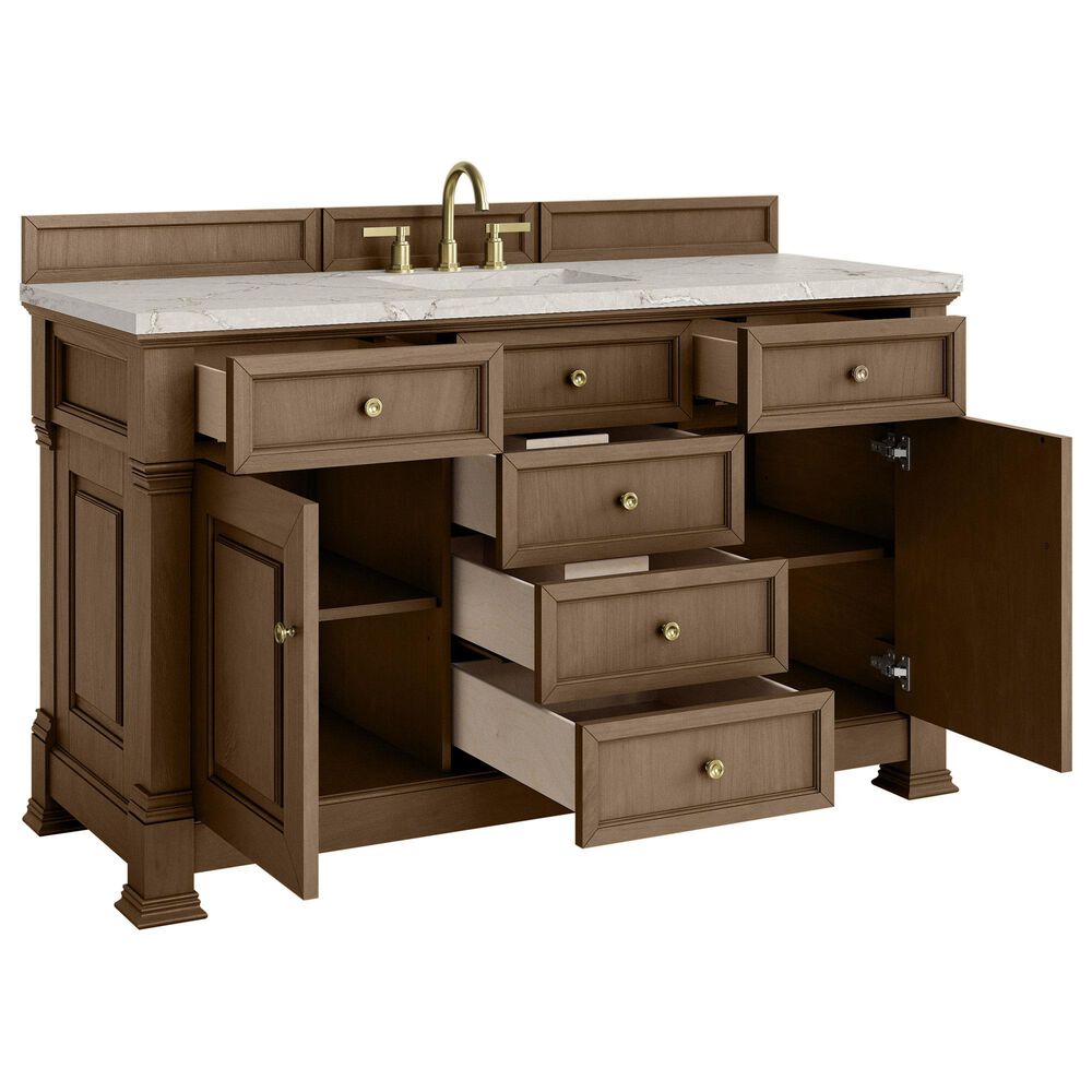 James Martin Vanities Brookfield 60" Single Bathroom Vanity in Pecan with 3 cm Victorian Silver Quartz Top, Rectangle Sink and FreePower Wireless Charger, , large