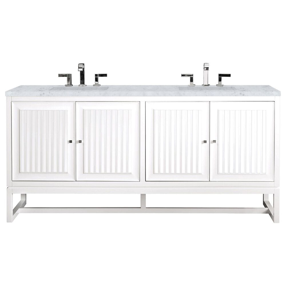 James Martin Vanities Athens 72" Double Bathroom Vanity in Glossy White with 3 cm Carrara White Marble Top and Rectangular Sinks, , large