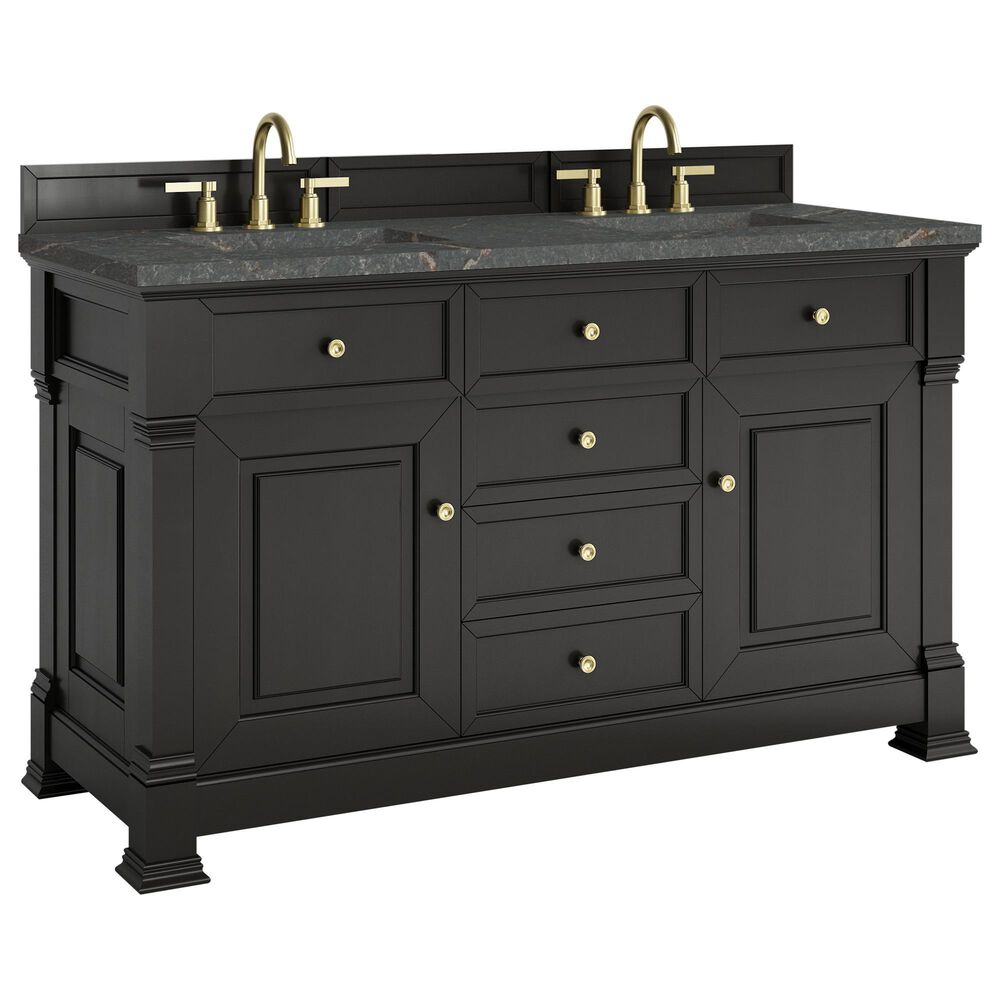James Martin Vanities Brookfield 60" Double Bathroom Vanity in Black Onyx with 3 cm Parisien Bleu Quartz Top and Rectangular Sinks, , large