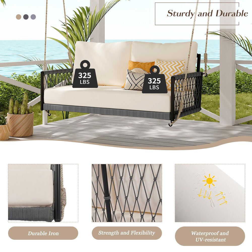 HOMLUX Patio Woven Rope Swing Sofa with Black Steel in Beige, , large