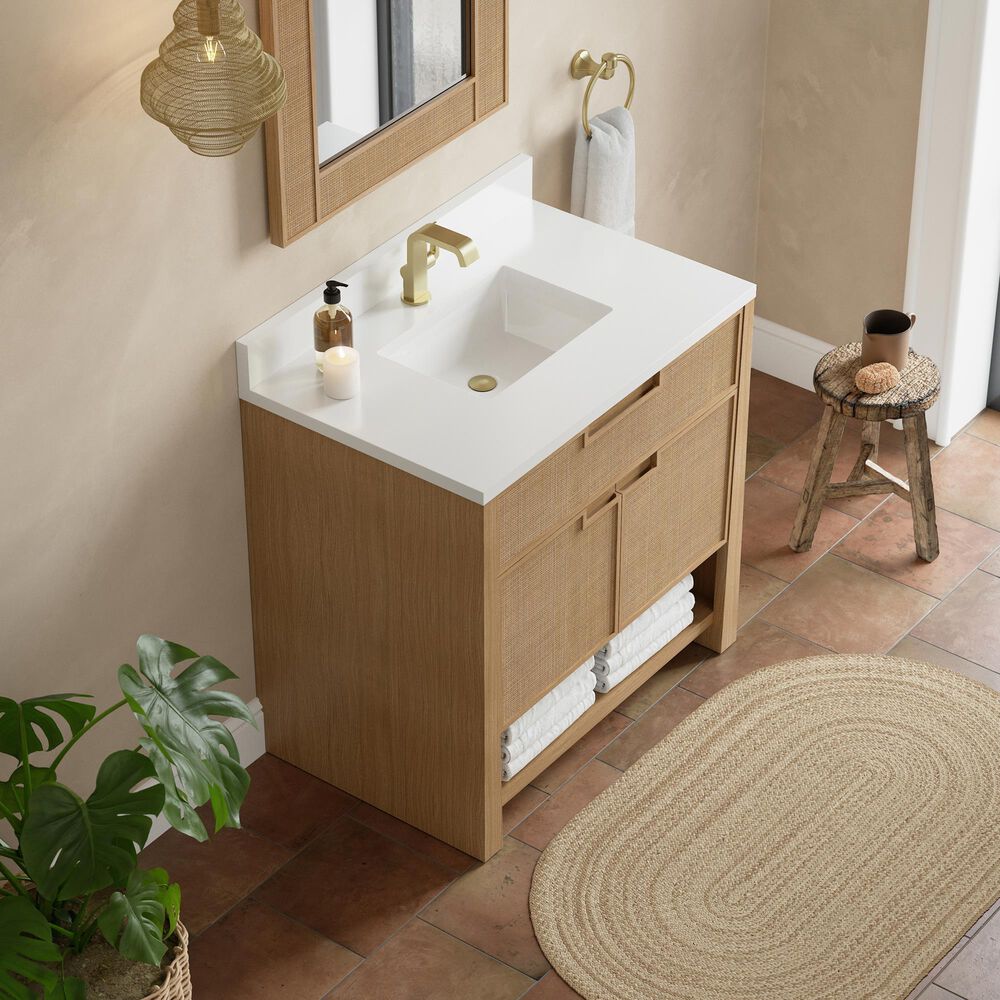 James Martin Vanities Solene 36&quot; Single Bathroom Vanity in Seaside Oak with Single Hole 3 cm White Zeus Quartz Top and Rectangular Sink, , large
