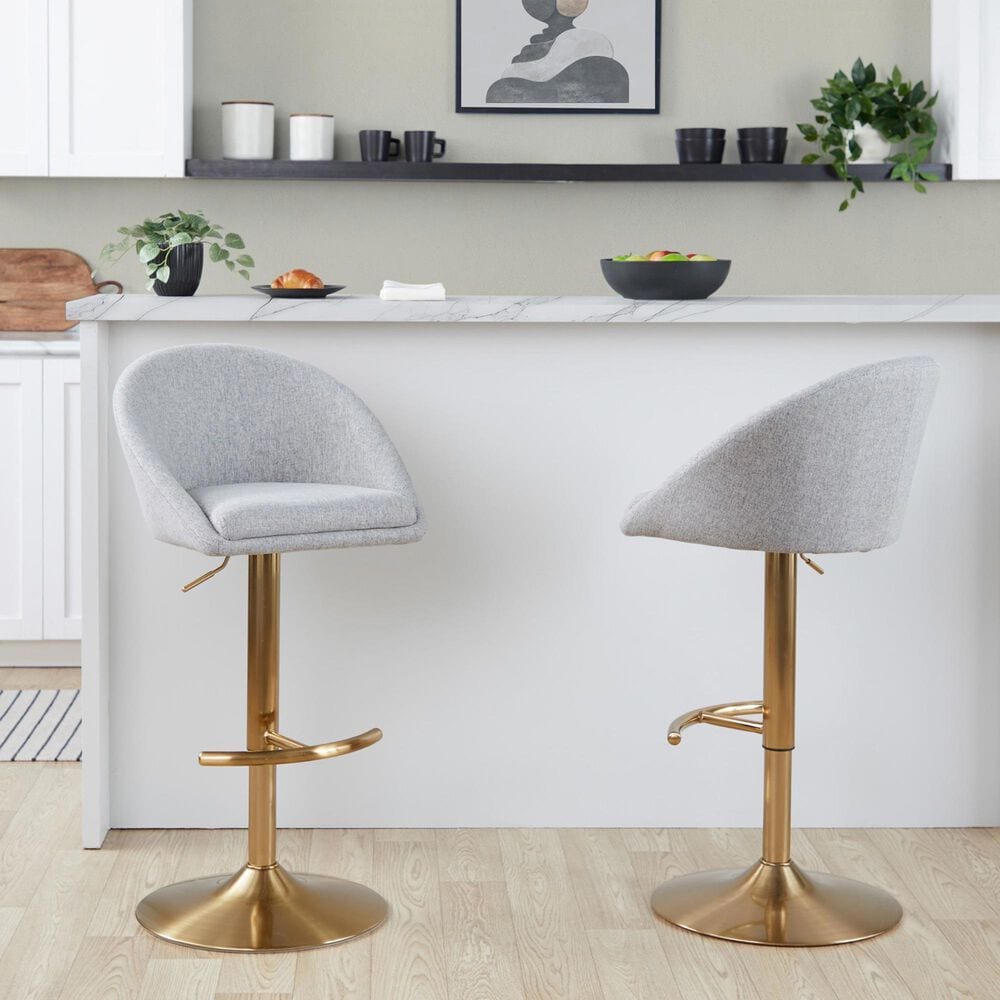 LumiSource Matisse Adjustable Swivel Barstool with Grey Fabric Upholstery in Gold (Set of 2), , large