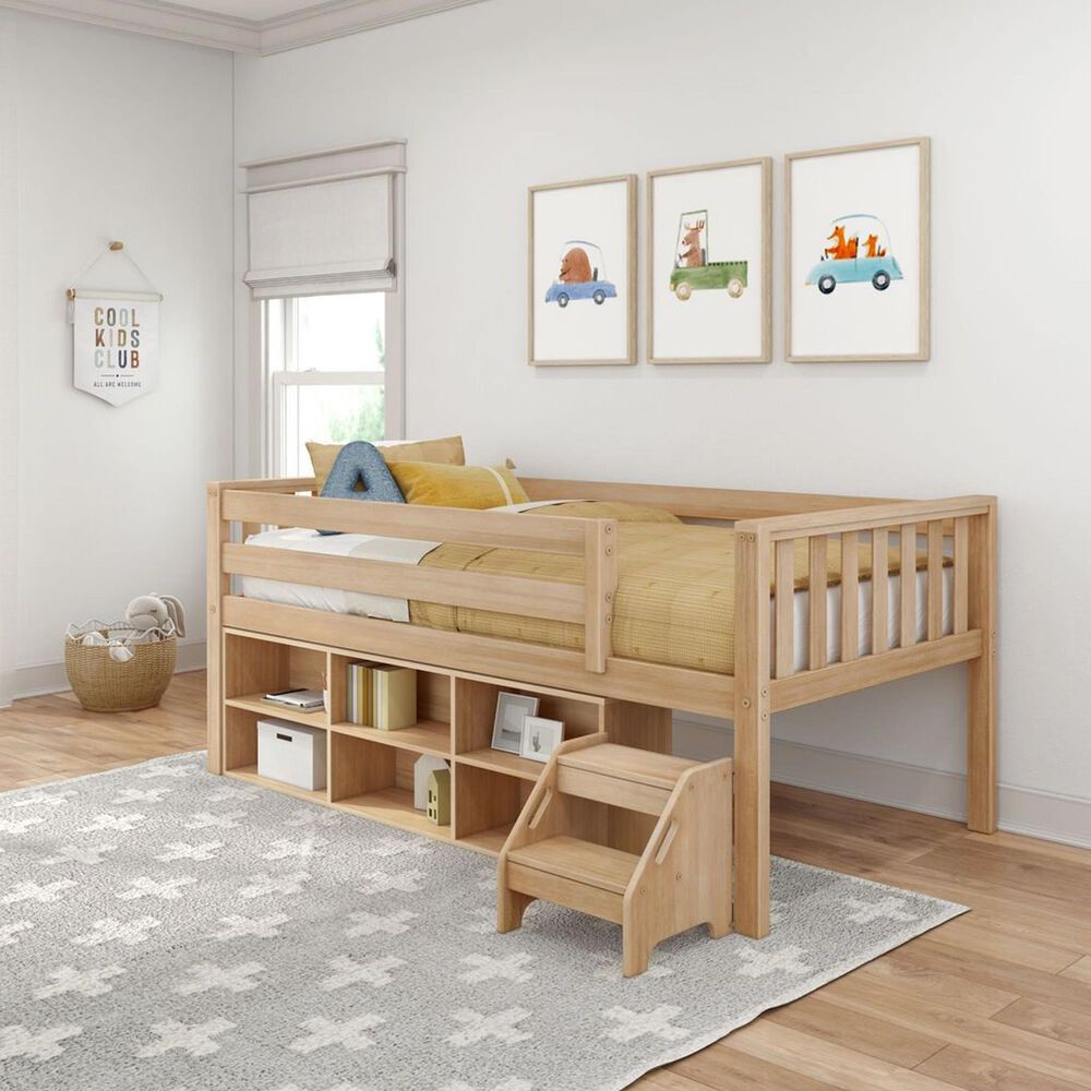 Birch Hollow Scandinavian Twin Low Loft Bed with Bookcase and Stepstool in Blonde, , large