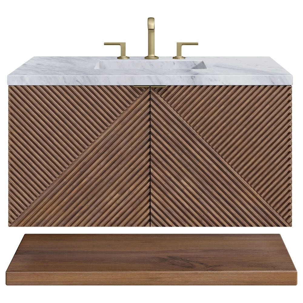 James Martin Vanities Marcello 36" Single Bathroom Vanity in Chestnut with 3 cm Carrara White Marble Top and Rectangular Sink, , large