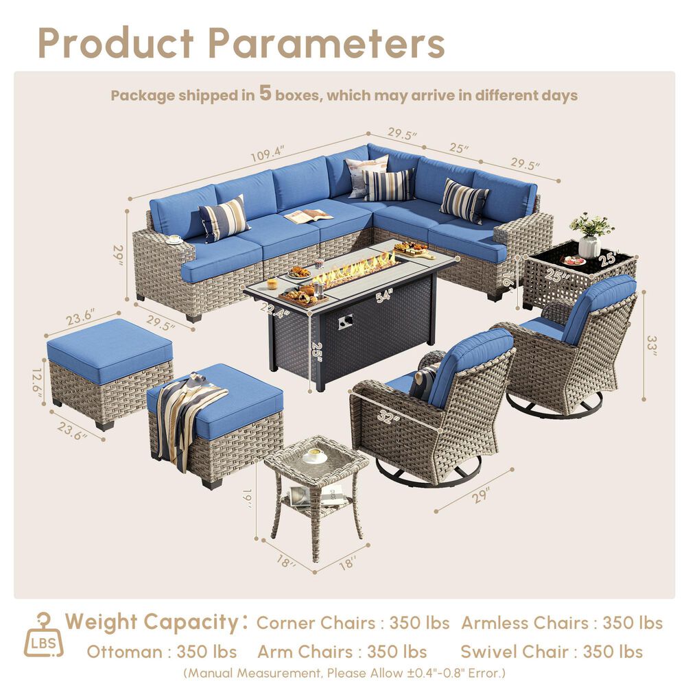 HOMLUX 13-Piece Patio Conversation Set with 54" Fire Pit Table in Denim Blue, , large