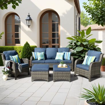 HOMLUX 5-Piece Patio Furniture Set with Chairs and Ottomans, High Back Outdoor Sofa Set, Grey Rattan in Denim Blue, , large