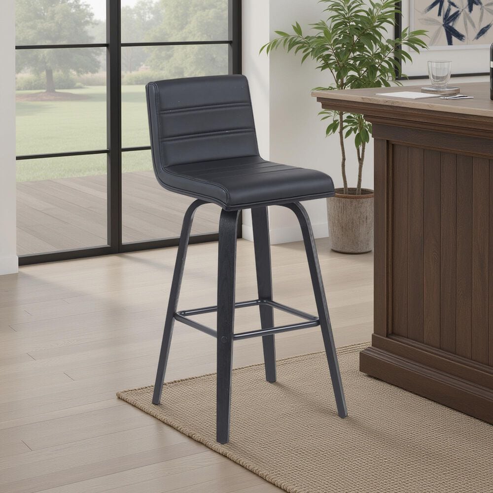 Armen Living Vienna Swivel Bar Height Stool with Black Upholstery in Black Brushed, , large